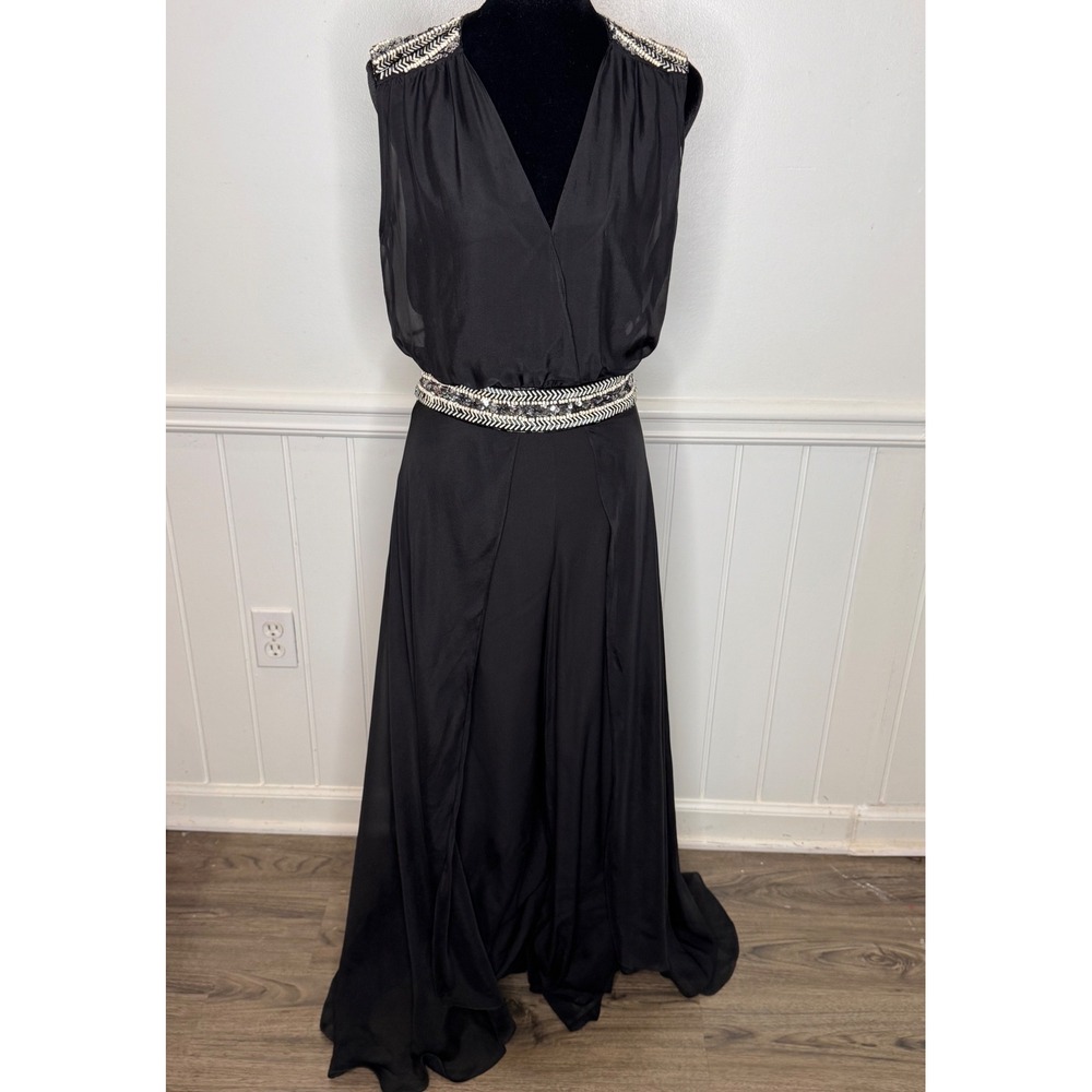 Haute Hippie Jumpsuit 4 Black Silk Beaded Wide Leg Boho Luxe Y2K Formal Glam - Picture 9 of 14